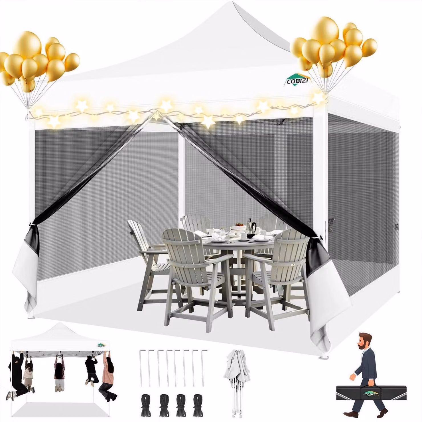 Gazebo da esterno 3x3 metri, impermeabile, con protezione UV, dotato di 4 pareti laterali in rete, colore bianco, con possibilità di regolare l'altezza