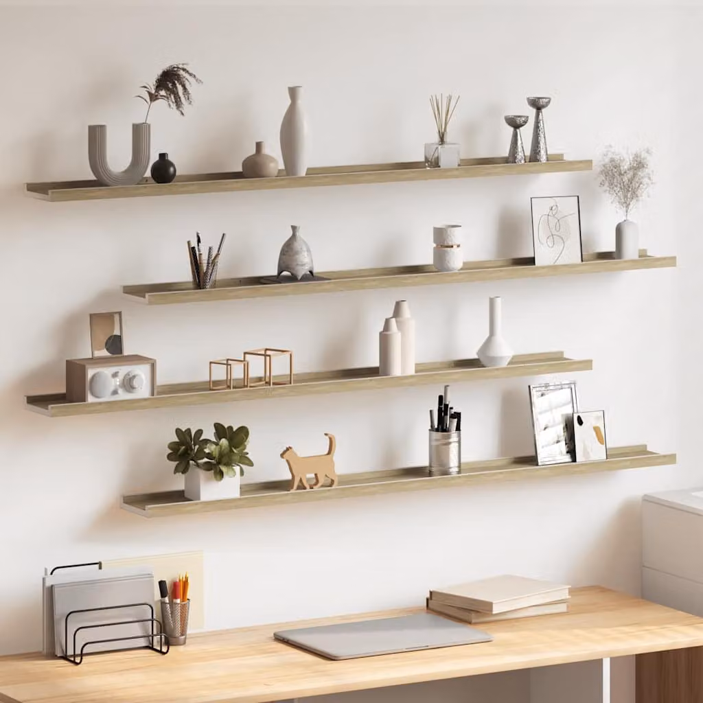 Set di 4 mensole da parete vidaXL in MDF, colore bianco e rovere sonoma, L 115 cm x P 9 cm x H 3 cm
