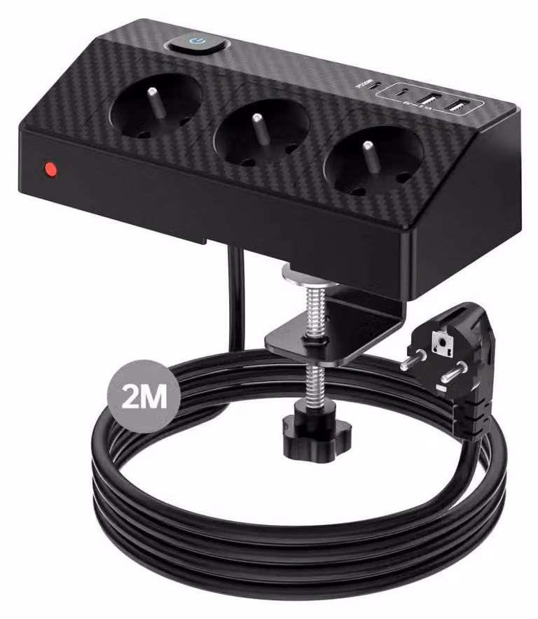 Ciabatta multipresa PASSUS 7-in-1 con 3 prese di corrente europee, 4 porte USB (