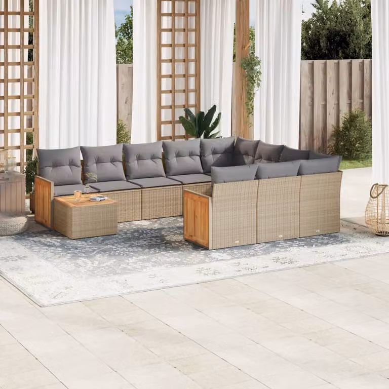 Set di divani da giardino vidaXL 11 pz a forma di L con cuscini beige e tavolino, in rattan e legno di acacia con struttura in acciaio verniciato a polvere