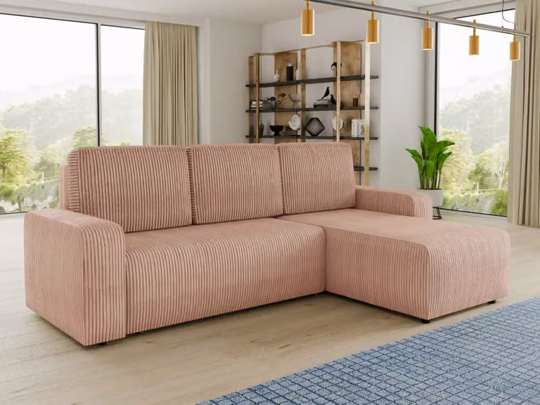 Divano angolare Roma L con funzione letto e box letto - Tessuto a coste - Divano a L, divano imbottito, divano letto, set di divani (Rosa (Poso 052))