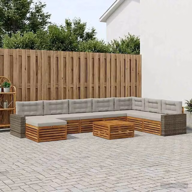 Set di divani da esterno a forma di U vidaXL in legno di acacia con tavolino e pouf, 9 pezzi, Marrone e Grigio – 1