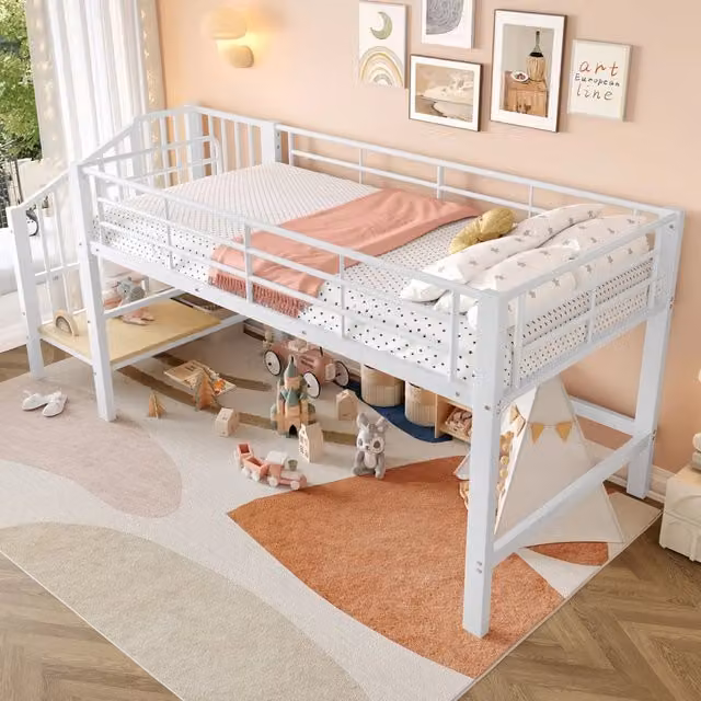 Letto a soppalco per bambini 90 × 200 cm con scala contenitore, senza materasso, in MDF e metallo bianco