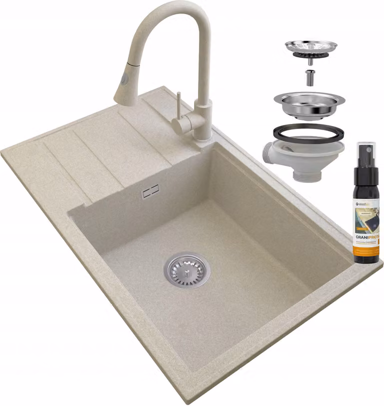 Granitan - Lavello in granito - Lavello da cucina - 80x50 cm - Beige - con rubinetteria SNAKE e scolapiatti - LOUIS