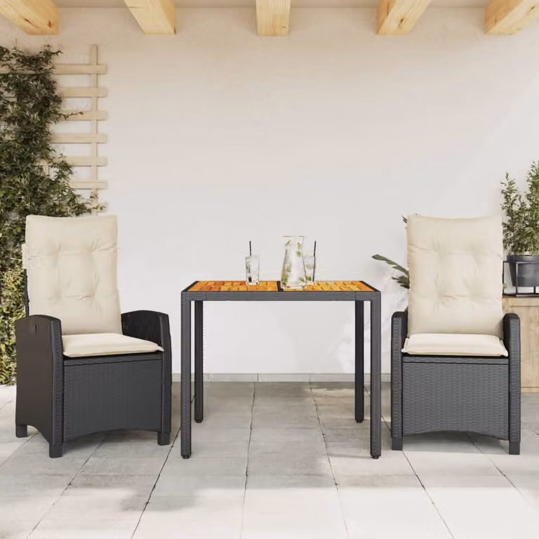 Set da pranzo da giardino vidaXL in polyrattan e legno di acacia con cuscini, nero e bianco, moderno