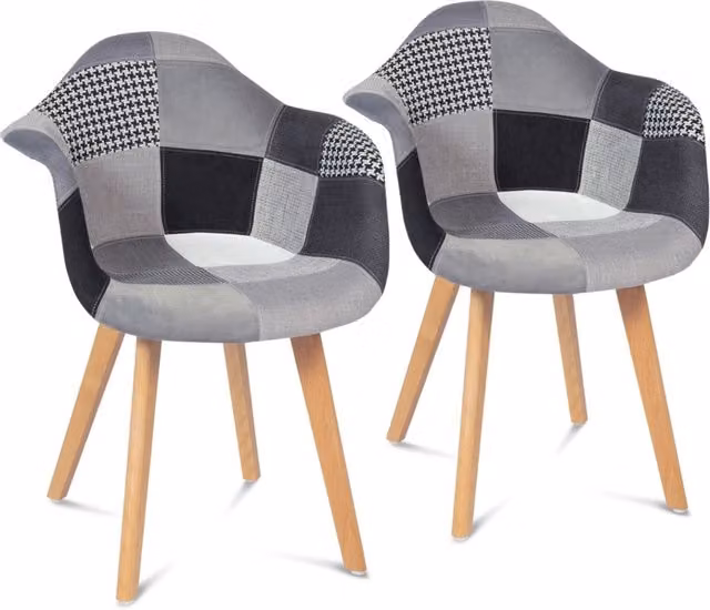 Set di 2 sedie da pranzo scandinave SARA IDMarket con motivo geometrico patchwork nero, grigio e bianco in tessuto e legno di faggio – 1