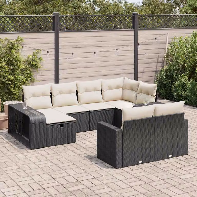 Set di divani da giardino vidaXL a forma di U composto da 10 pezzi con cuscini bianchi e struttura in polyrattan nero e metallo