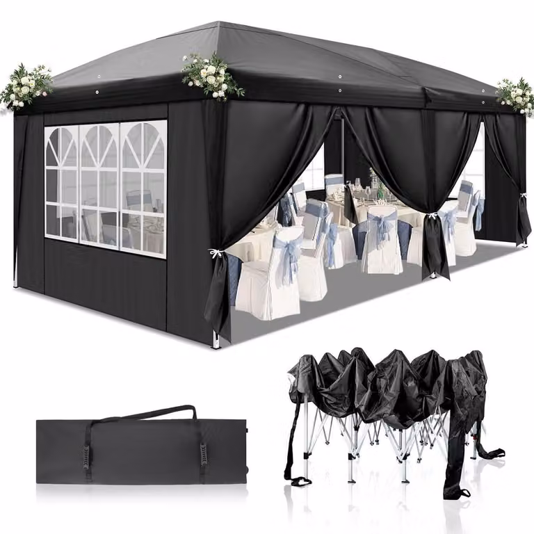 Gazebo da esterno 3x6 metri, colore nero, impermeabile, con protezione UV 50+, realizzato in tessuto Oxford 420D e dotato di 6 pannelli laterali