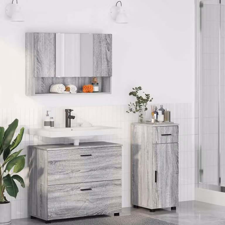 Set di mobili per il bagno moderno vidaXL in 3 pezzi Grigio con mobile lavabo, armadietto con specchio e mobile laterale