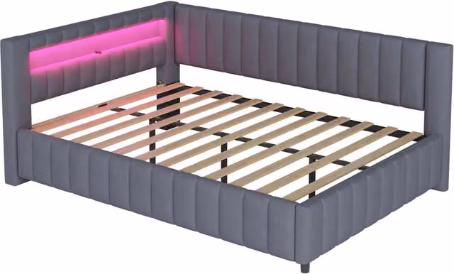 Divano Letto Imbottito in Velluto 140x200 cm con Striscia LED e Porta USB, Design Angolare, Grigio
