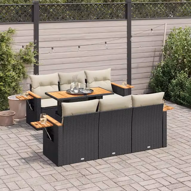 Set Divani da Giardino con Cuscini 7pz Nero Polyrattan Acacia 3327556