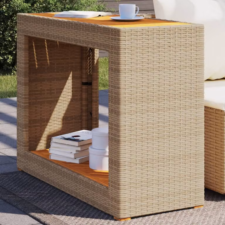 Tavolino da giardino vidaXL in polyrattan e legno di acacia oliato, colore beige e marrone, L 100 x P 40 x H 75 cm