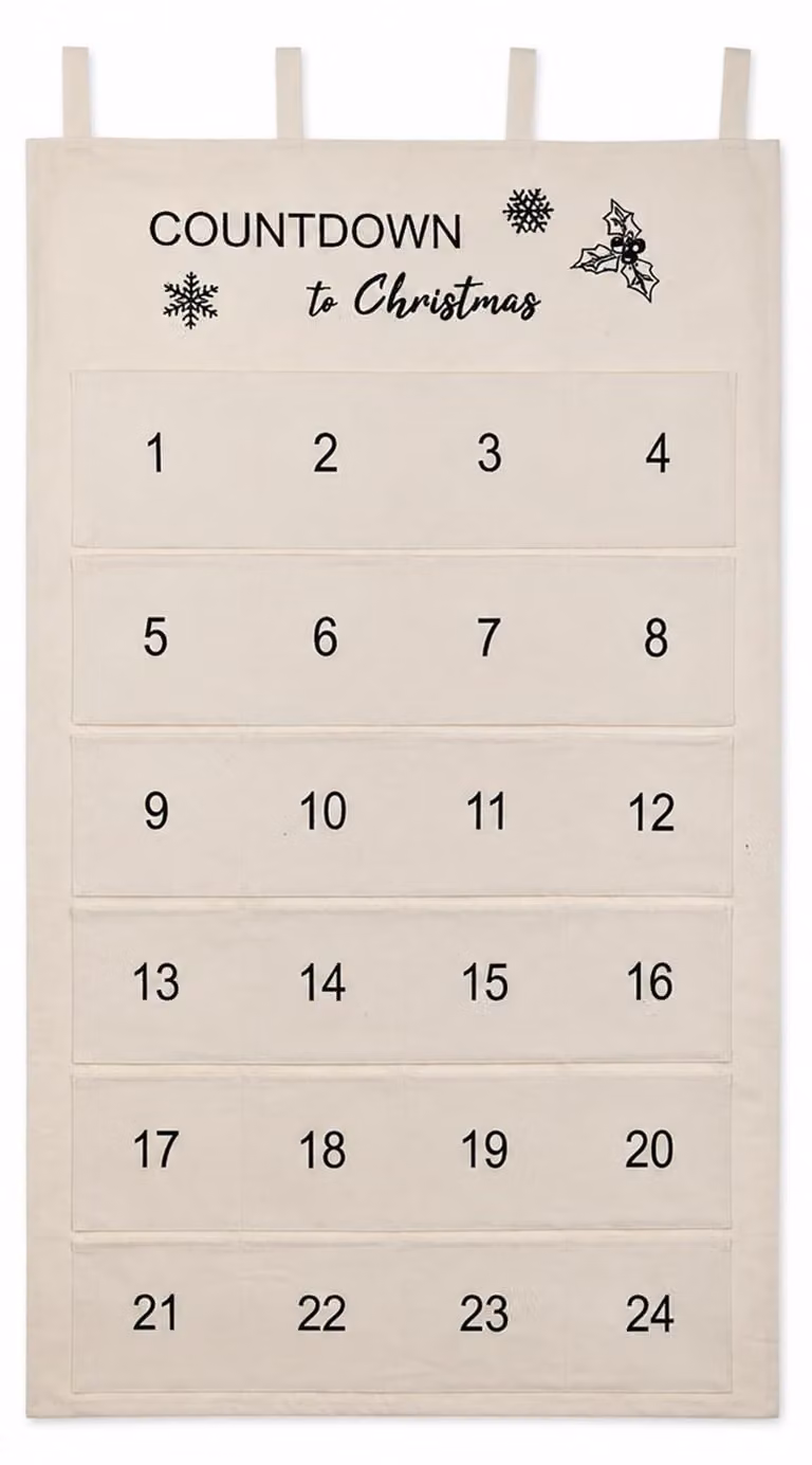Calendario dell'Avvento in tessuto, color beige, dimensioni 60x120 cm, con asta