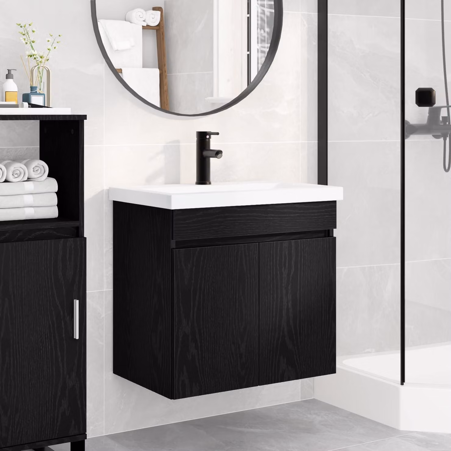 Mobile bagno con rubinetto vidaXL in Rovere Nero, design moderno, L: 61 cm, P: 40 cm, H: 74,5 cm