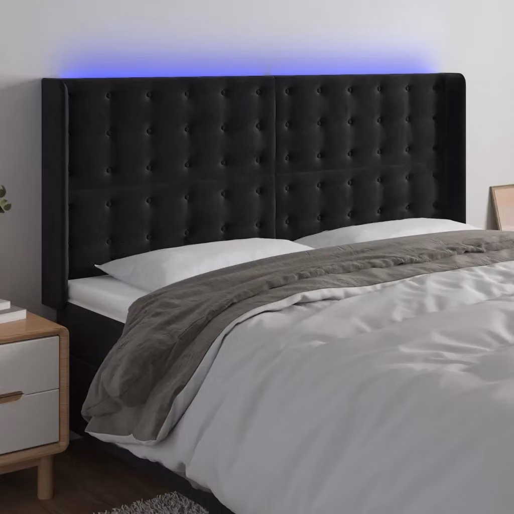 Testata del letto con illuminazione LED e porta di ricarica USB in velluto nero, L: 183 cm, P: 16 cm, H: 118/128 cm – 2