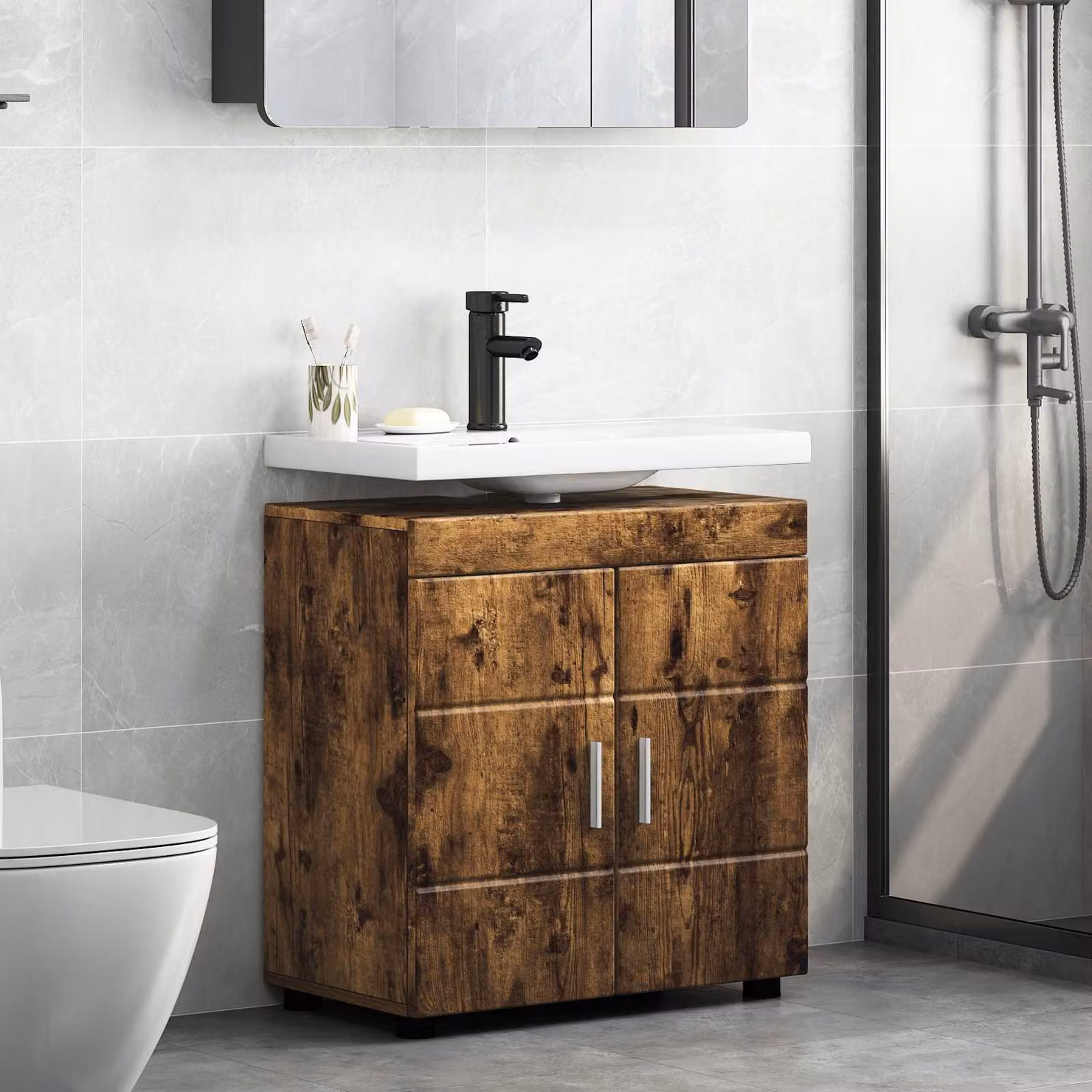 Set di armadi da bagno vidaXL TULUM in rovere fumé marrone L: 60 cm, P: 34 cm, H: 63 cm