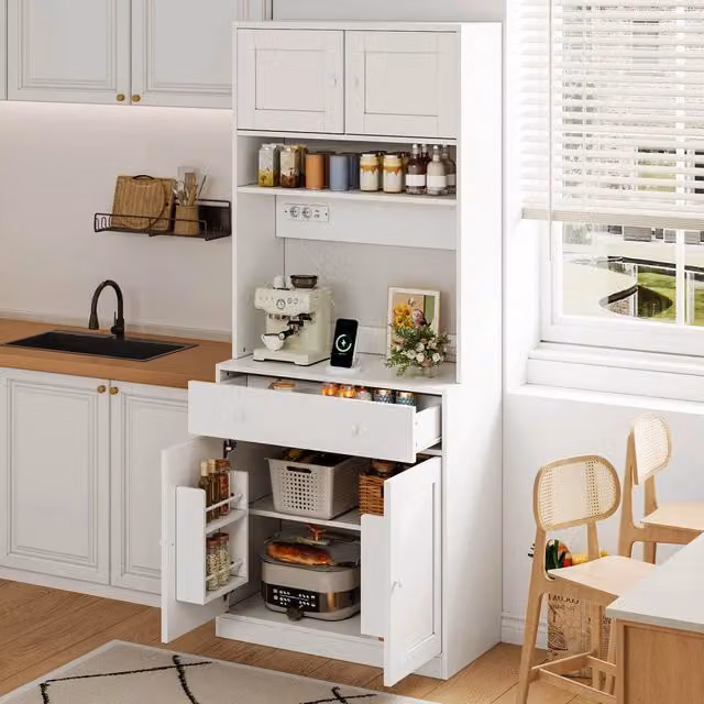 Credenza da cucina alta WISHDOR in MDF bianco con illuminazione LED e ante con ripiano aperto, Altezza: 180 cm, Larghezza: 72 cm, Profondità: 40 cm