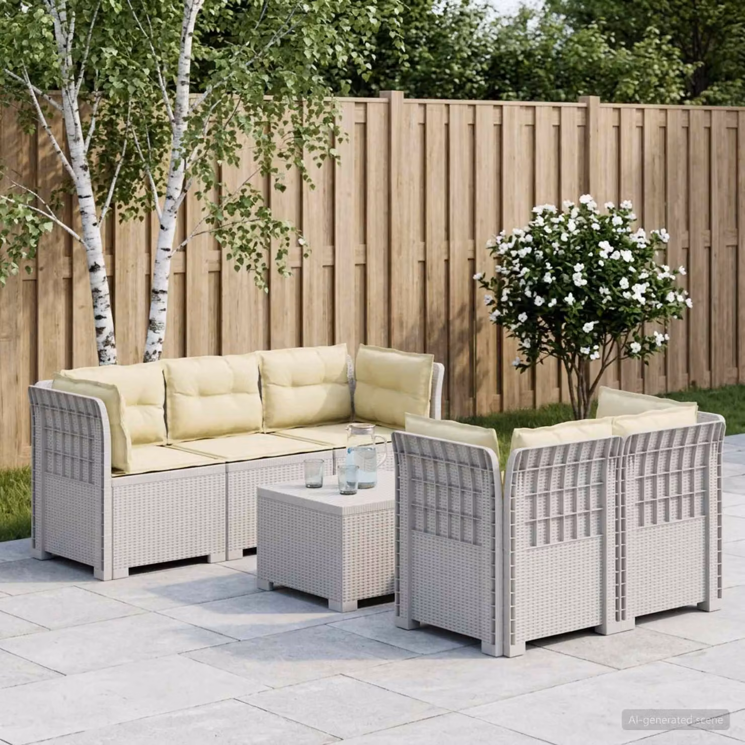 Set da giardino vidaXL a forma di L composto da divano da 3 posti, elemento angolare, tavolino da caffè e cuscini, in stile rattan moderno di colore bianco
