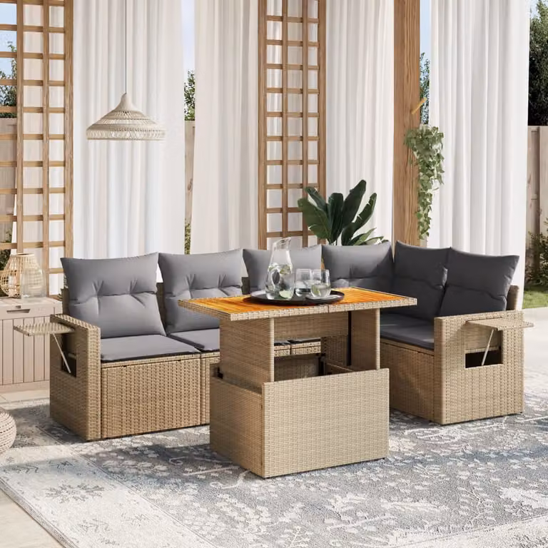 Set Divano da Giardino vidaXL 6 pz a L con Cuscini Beige in Polyrattan e Legno di Acacia