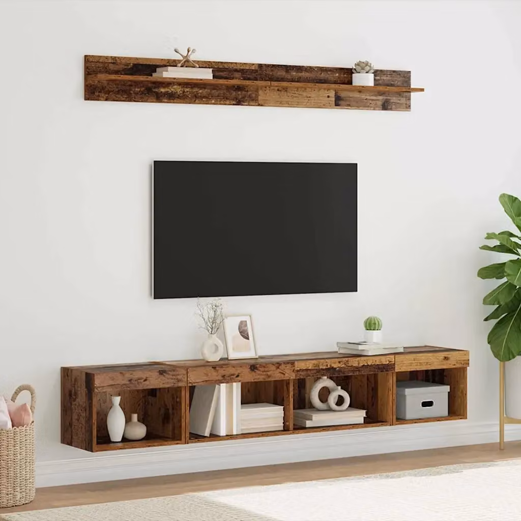 Set di 5 pezzi Mobiletto TV da parete con illuminazione LED integrata in legno color marrone stile moderno – 2