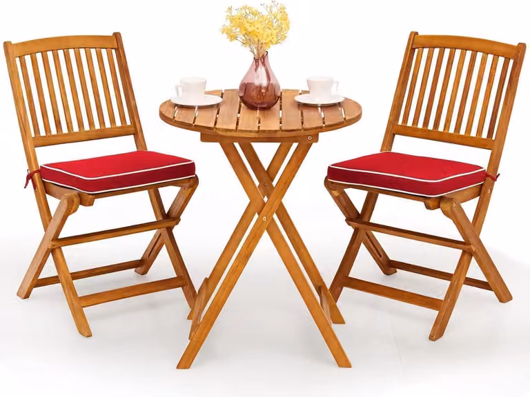 Set di mobili da giardino in legno di acacia pieghevole tavolo rotondo sedie cuscini rosso