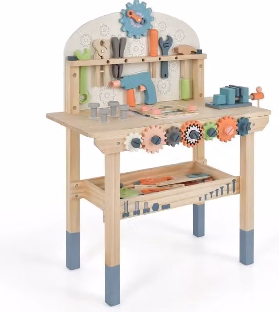 Banco da lavoro in legno per bambini 60 x 30 x 79 cm giocattolo fai-da-te con 8 attrezzi in legno e ripiano portaoggetti multicolore 20_0019987