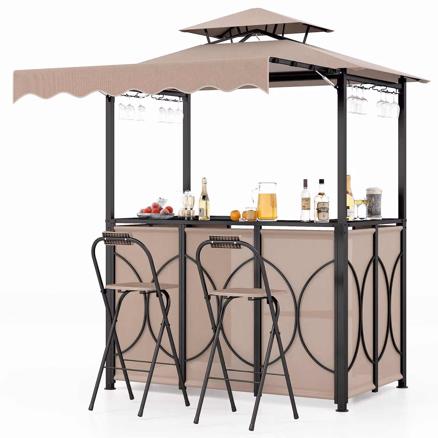 COSTWAY Padiglione per barbecue a 3 pezzi con bar e 2 sgabelli, padiglione da giardino con doppio tetto e tenda da sole, tettoie per barbecue resistenti alle intemperie, 193x117x240cm Marrone