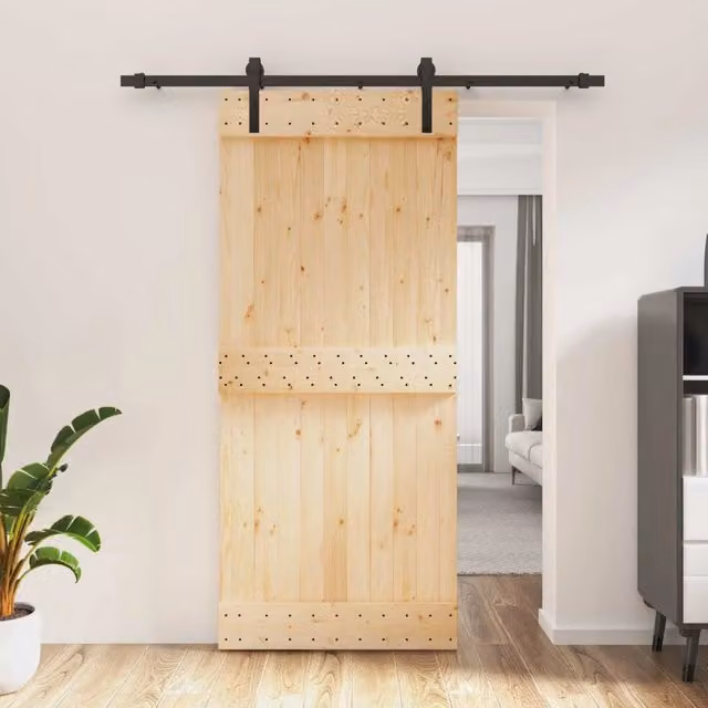 Porta scorrevole moderna vidaXL in legno e acciaio, colore naturale e nero, L: 90 cm, H: 210 cm – 1