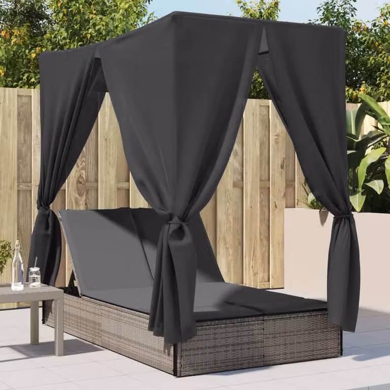 vidaXL Lettino Prendisole Doppio in Polyrattan Grigio con Tetto e Tende