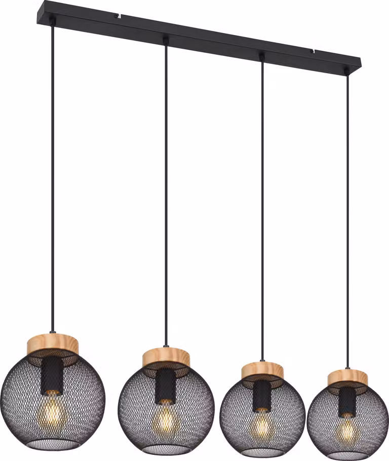 Lampada a sospensione Globo Lighting, struttura in metallo nero opaco, elementi in legno marrone e intreccio metallico nero opaco, cavo in PVC nero, altezza regolabile, dimensioni: 950x200x1200 mm, esclusa lampadina: 4 x E27, 40W, 230V