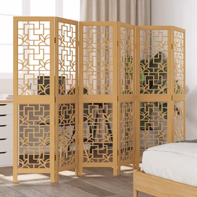 Divisorio Ambienti vidaXL con 6 Pannelli in Legno di Paulownia Marrone e Dettagli Oro, Design Moderno Geometrico, H: 160 cm