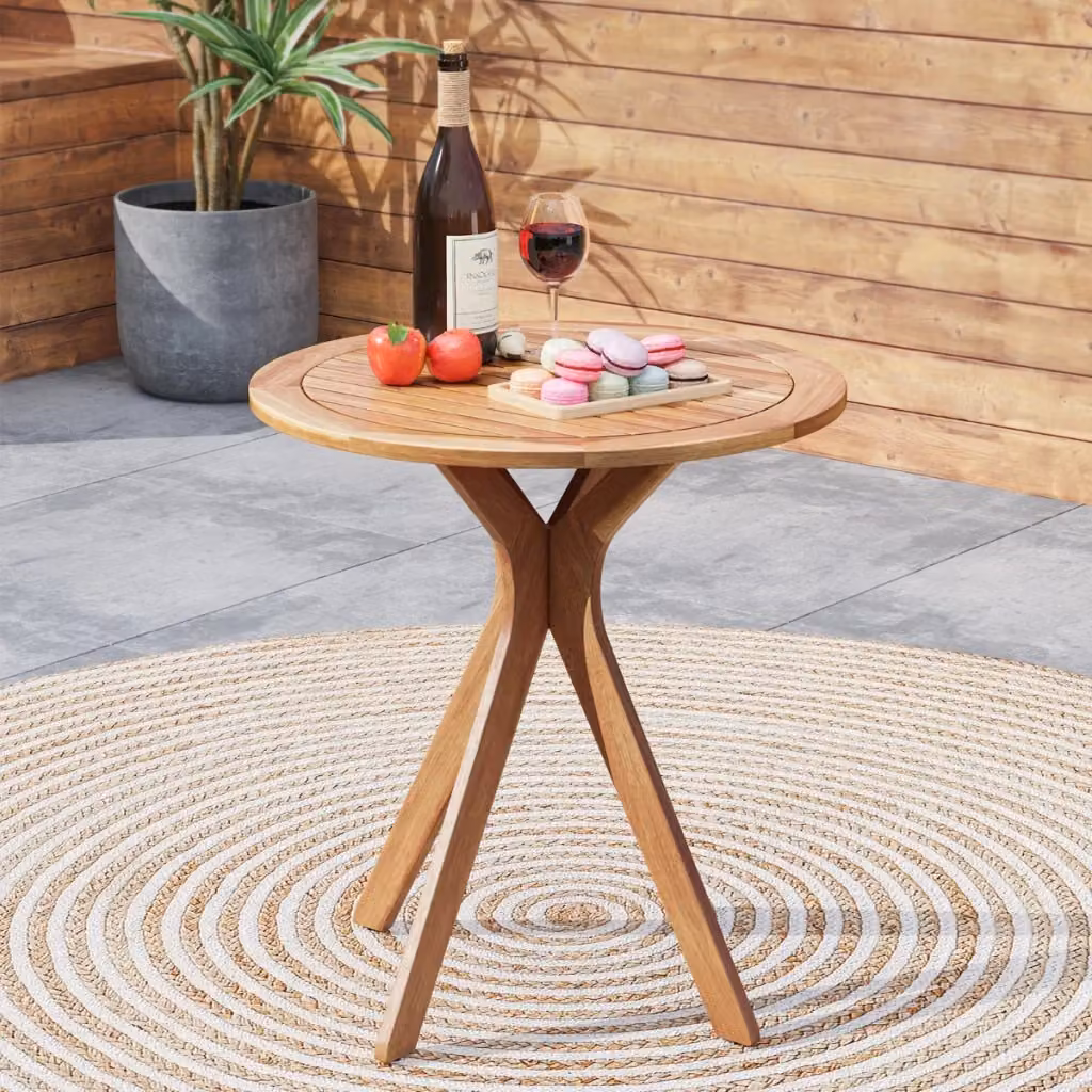 Tavolo bistro rotondo da esterno in legno di acacia color marrone con superficie a doghe e altezza regolabile per giardino o terrazzo, Diametro: 70 cm, Altezza: 75 cm – 2