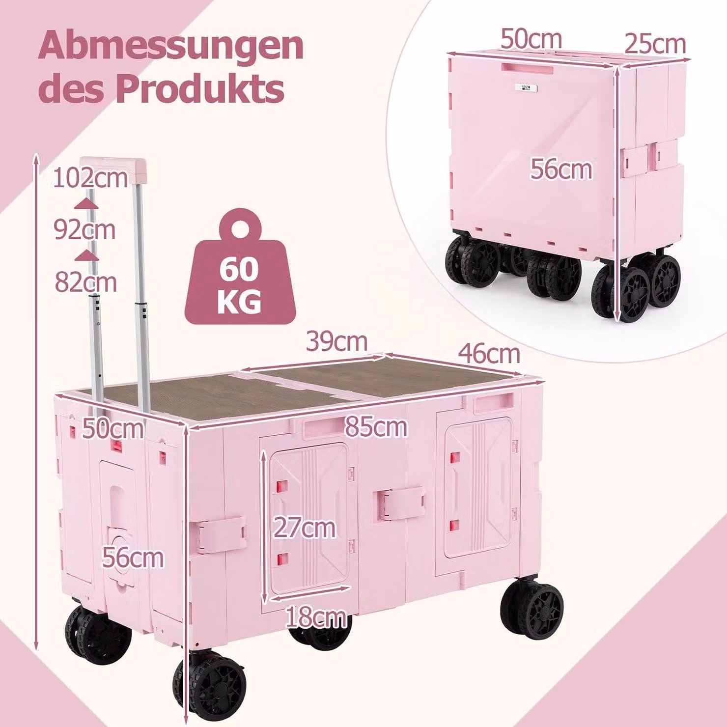 Carrello pieghevole con piano del tavolo, maniglia regolabile, rosa