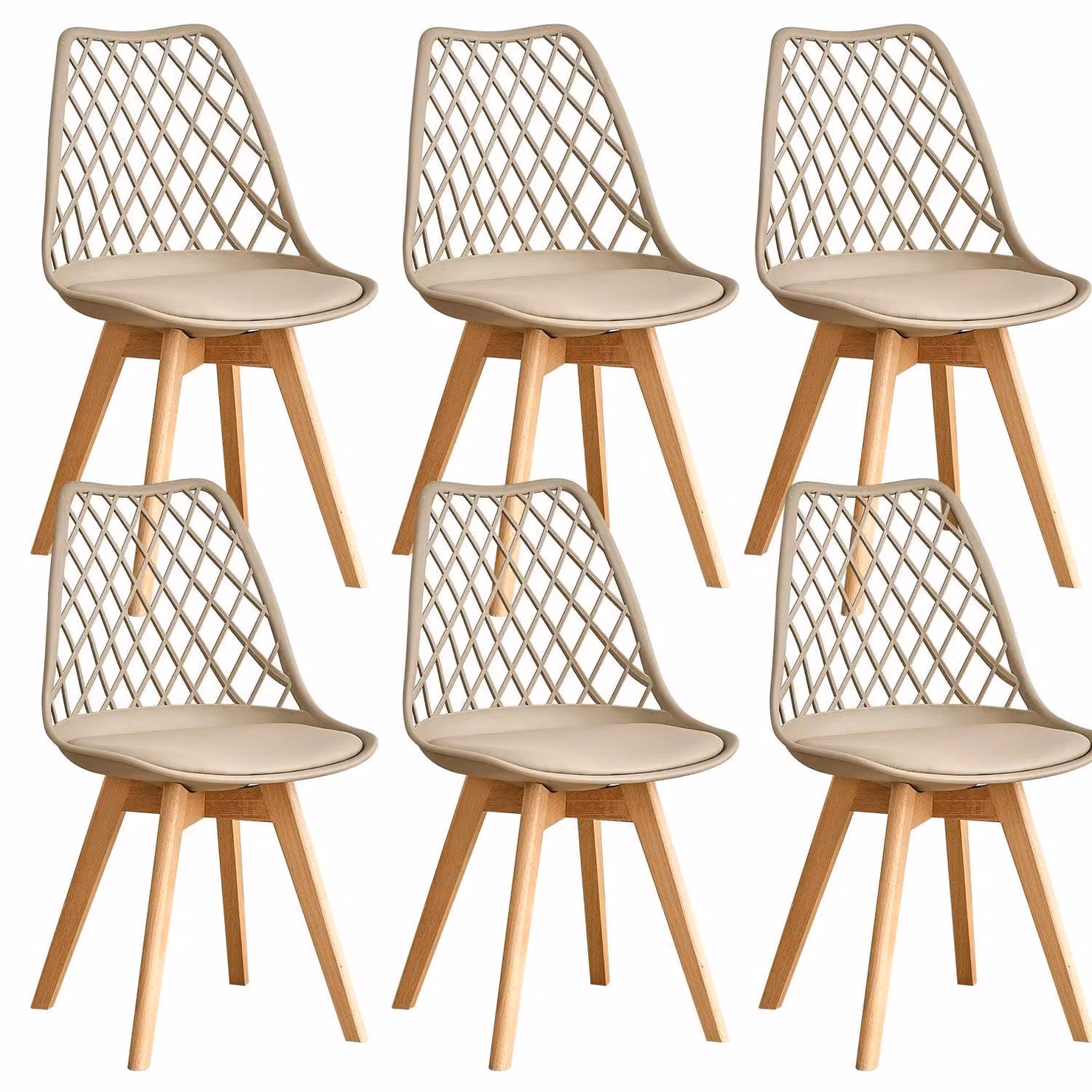Set di 4 moderne sedie da pranzo con schienale in rete, gambe in legno massello e cuscino imbottito