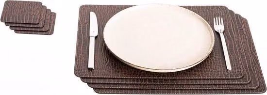 Set di Piatto e Sostegni in Pelle Reciclata - 8 pezzi - Nero - 40 x 30 cm
