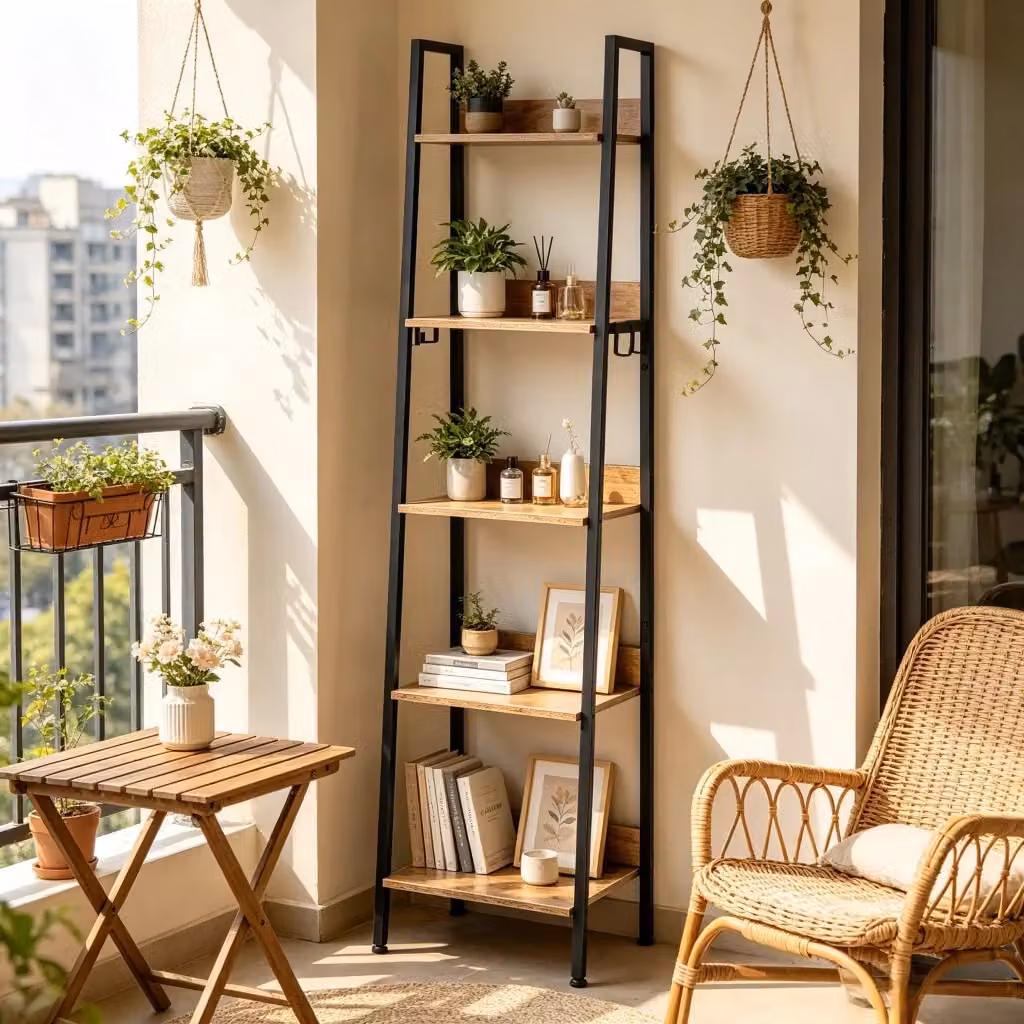 Scaffale a scala WISHDOR in stile industrial con 5 ripiani, metallo nero e MDF marrone, L: 40 cm, P: 36 cm, H: 170 cm – 2