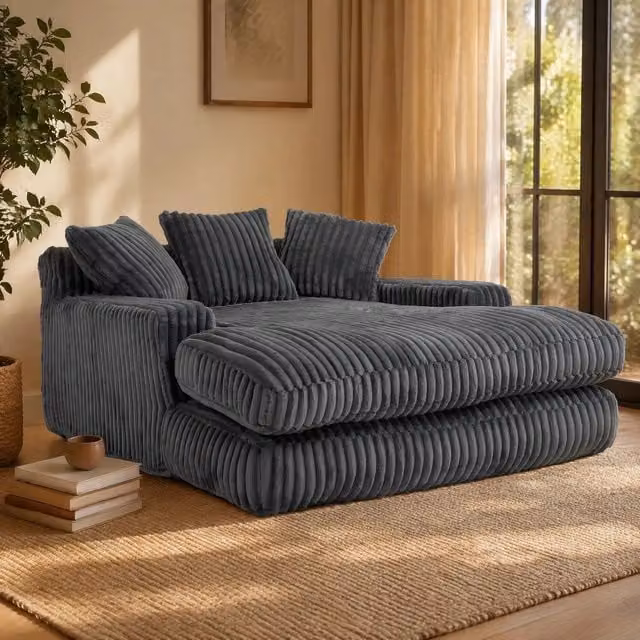 Chaise longue da pavimento 125x155x63 cm grigio scuro, 3 cuscini, velluto a coste,