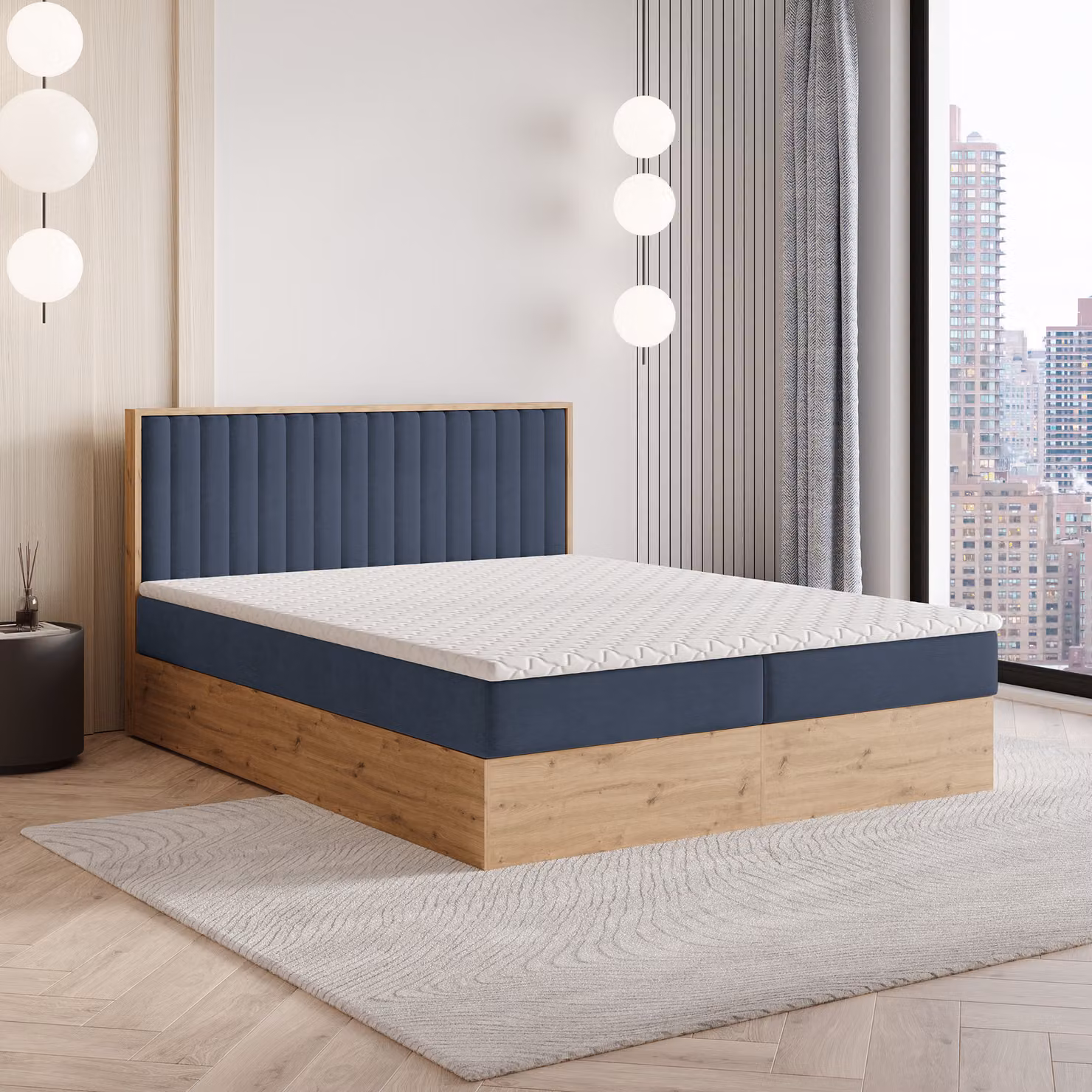 Letto a molle Masseno VARELI 160x200 cm completo di materasso bonell e topper, letto imbottito con cassettiera - blu, SORO 76