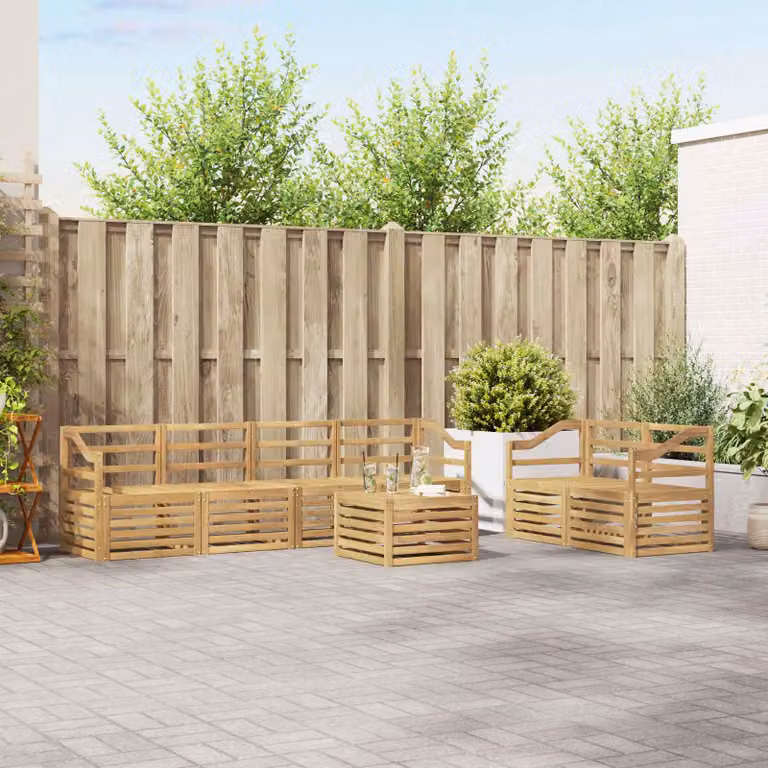 vidaXL Set di divani da esterno a forma di U composto da 7 pezzi in legno di acacia massello con cuscini bianchi e marroni
