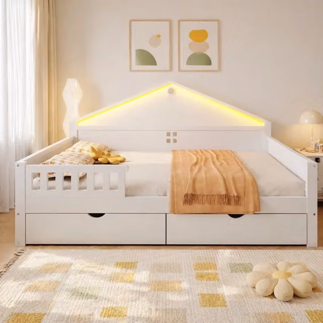 Letto singolo multifunzione 140x200 cm con LED e 2 cassetti; bianco; legno massiccio e MDF