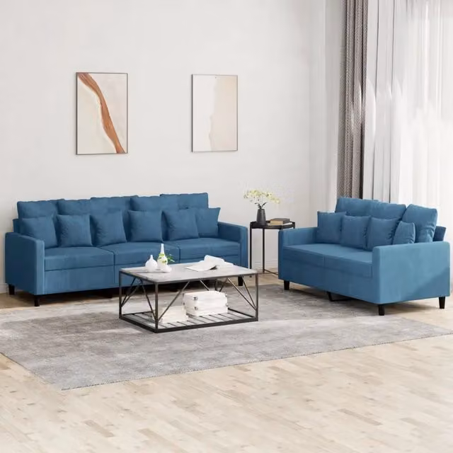 Set di 2 divani moderni vidaXL in velluto blu con cuscini inclusi per soggiorno
