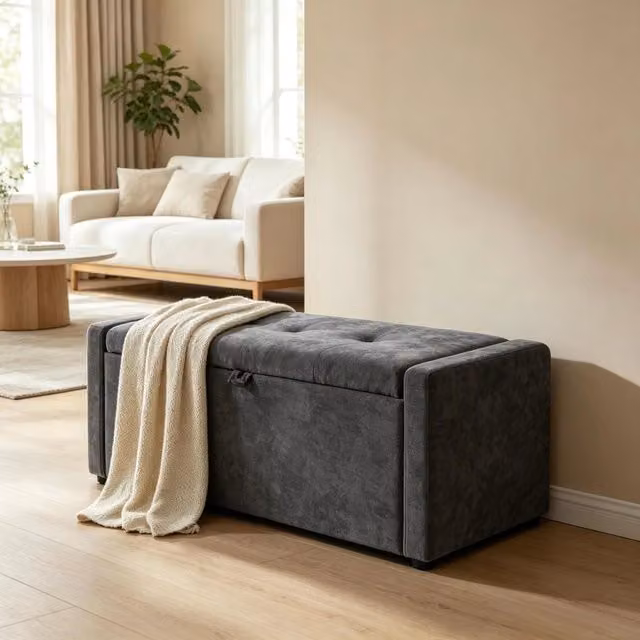 Panca contenitore WISHDOR in tessuto grigio con struttura in legno e seduta ampia L: 122 cm, P: 48 cm, H: 44 cm