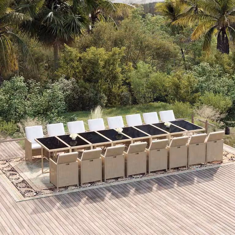 Set da pranzo da giardino vidaXL in polyrattan da 17 pezzi con cuscini beige e piano in vetro
