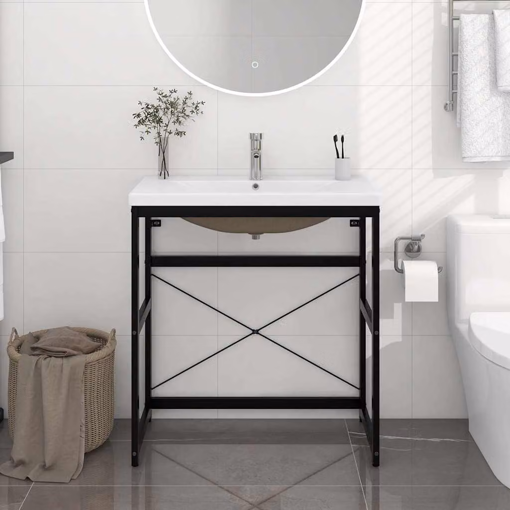 vidaXL Telaio per Lavabo da Bagno con Lavabo Integrato in Metallo e Ceramica Nero e Bianco L/P/H: 83 x 38 x 79 cm