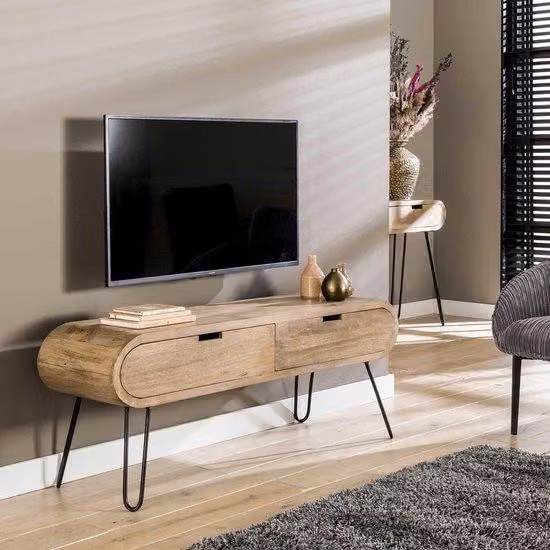 Supporto TV industriale in legno di mango con 2 cassetti