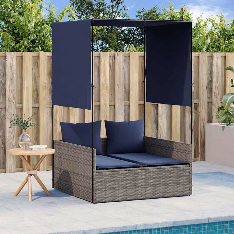 vidaXL Lettino prendisole doppio in Polyrattan Grigio con tettoia e tende blu
