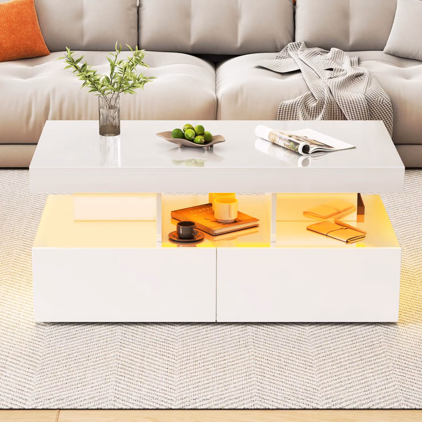 Tavolino ProximaX in bianco lucido - Con illuminazione a LED e 2 cassetti - Moderno, elegante e pratico per i soggiorni