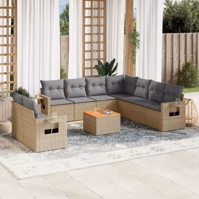 vidaXL Set Divano da Giardino 10 pz a Forma a L in Polyrattan con Cuscini Beige e Grigio e Tavolino da Esterno – 1