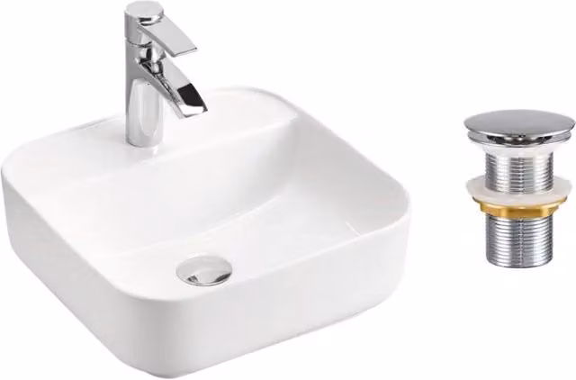 Lavabo da appoggio rettangolare 50x40 cm bianco lucido in ceramica con piletta click-clack