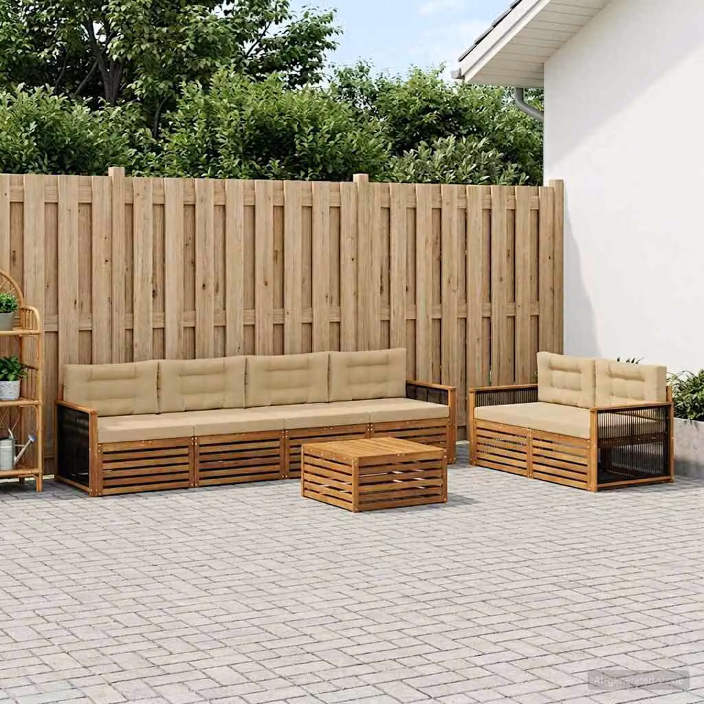 Set di divani da esterno vidaXL 7 pz in legno di acacia con tavolo da caffè e cuscini, colore beige e sabbia